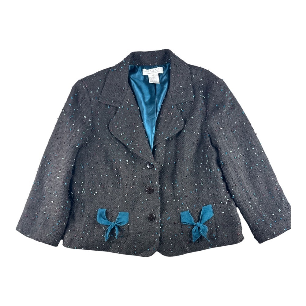 Vintage Jonathan Martin Brown Confetti Slub Blazer Bow Accents Sze 16 Maximalist